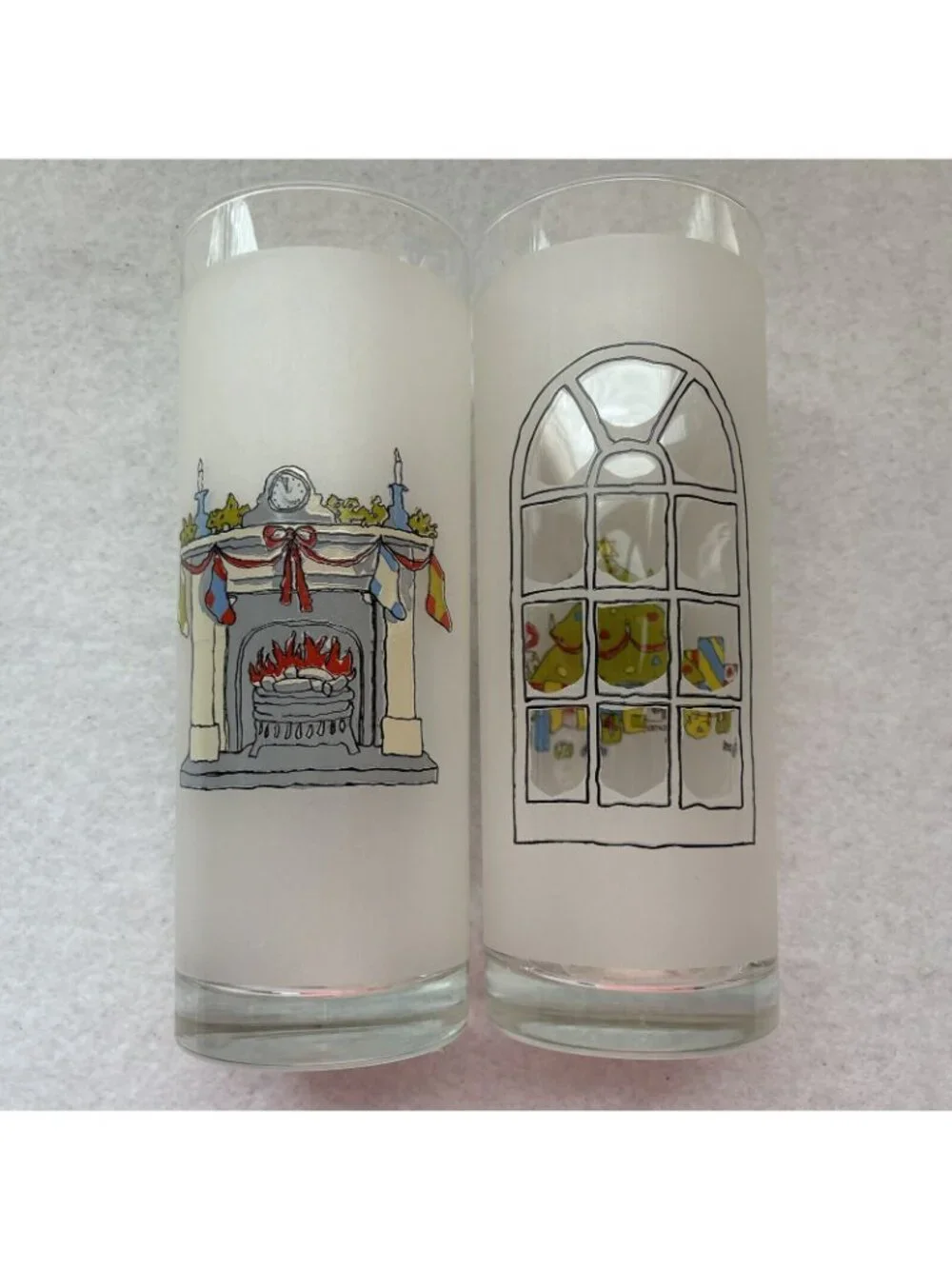 Christmas Frosted Highball Tumblers Window Scene Glasses Set Portugal Vintage